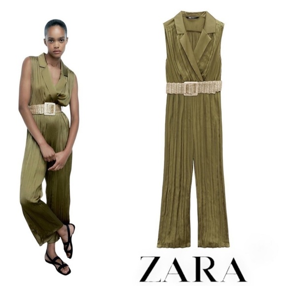 NWT Zara Satin Effect Belted Wide leg cropped Jumpsuit Olive Green sz Small - Picture 1 of 15